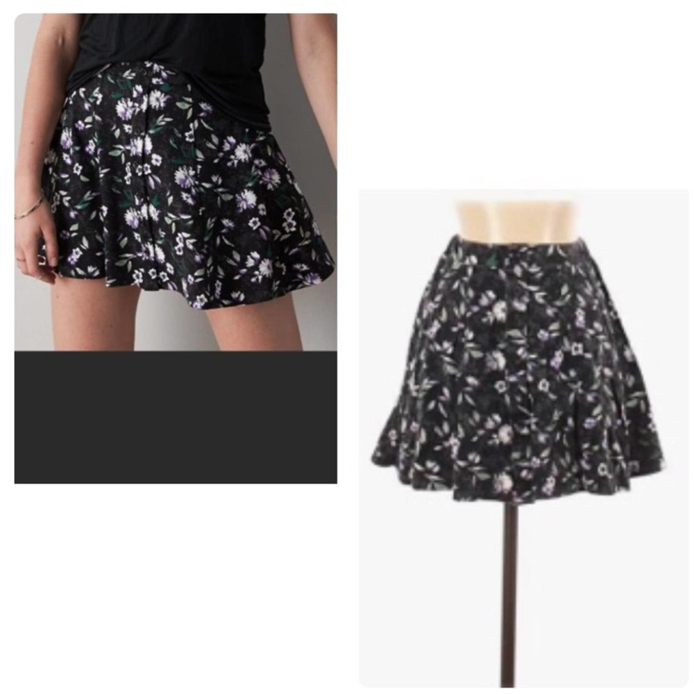 American Eagle Black Floral Button Skater Skirt